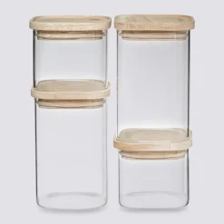 4 bocaux verre empilables couvercle bois
