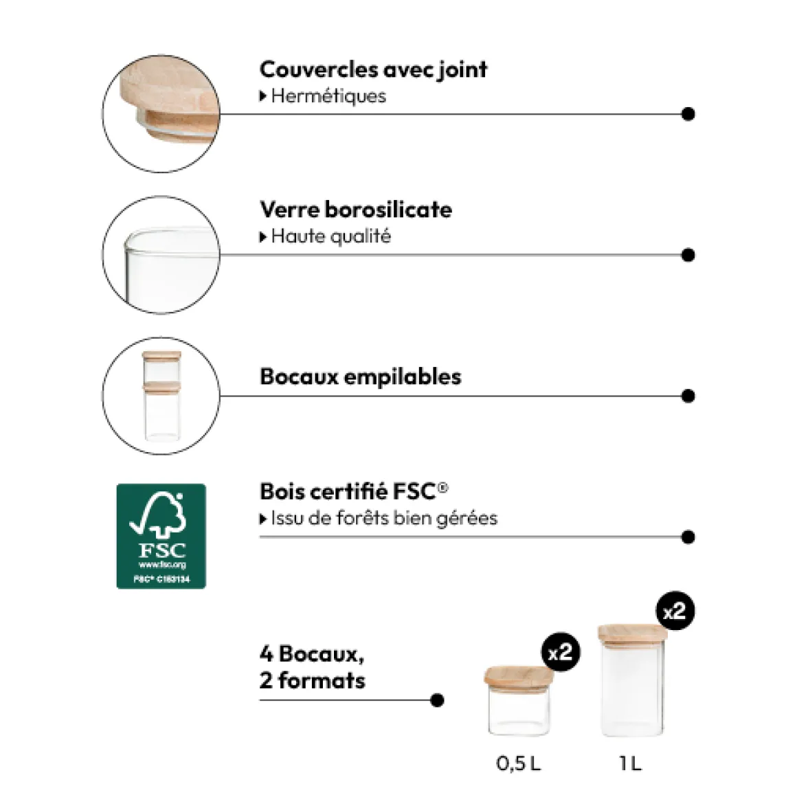 4 bocaux verre empilables couvercle bois