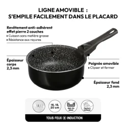 3 casseroles Aluminium poignée amovible, 16/18/20cm