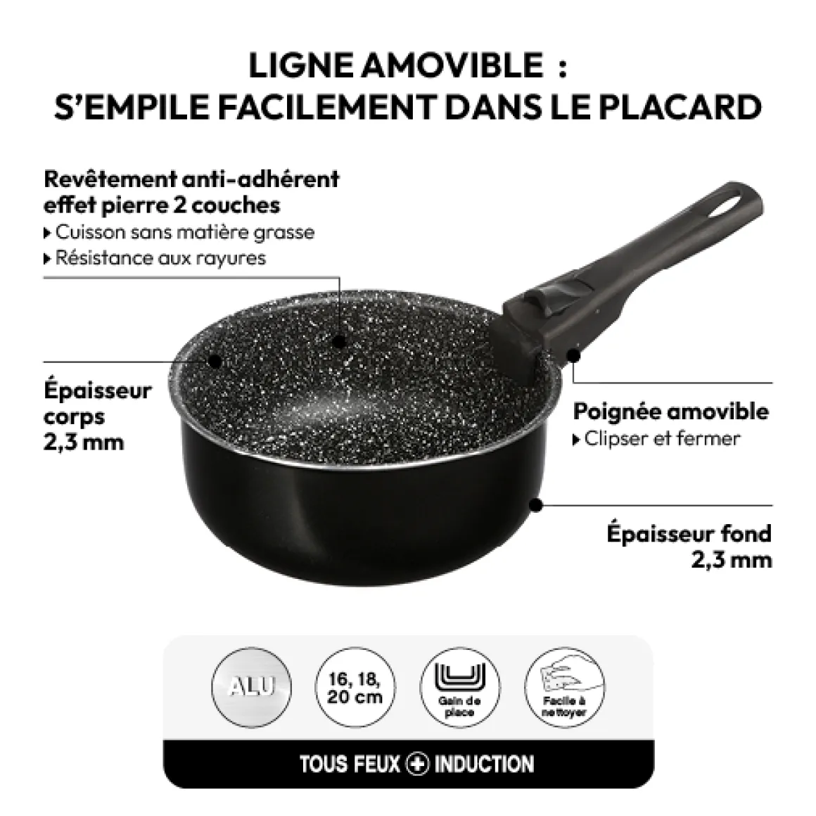 3 casseroles Aluminium poignée amovible, 16/18/20cm