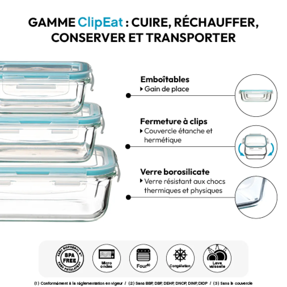 3 grandes boîtes rect de conservation verre