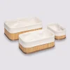 3 paniers bambou, tissu blanc