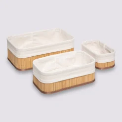 3 paniers bambou, tissu blanc