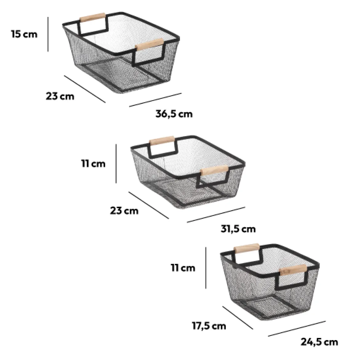 3 paniers de rangement métal, Noir