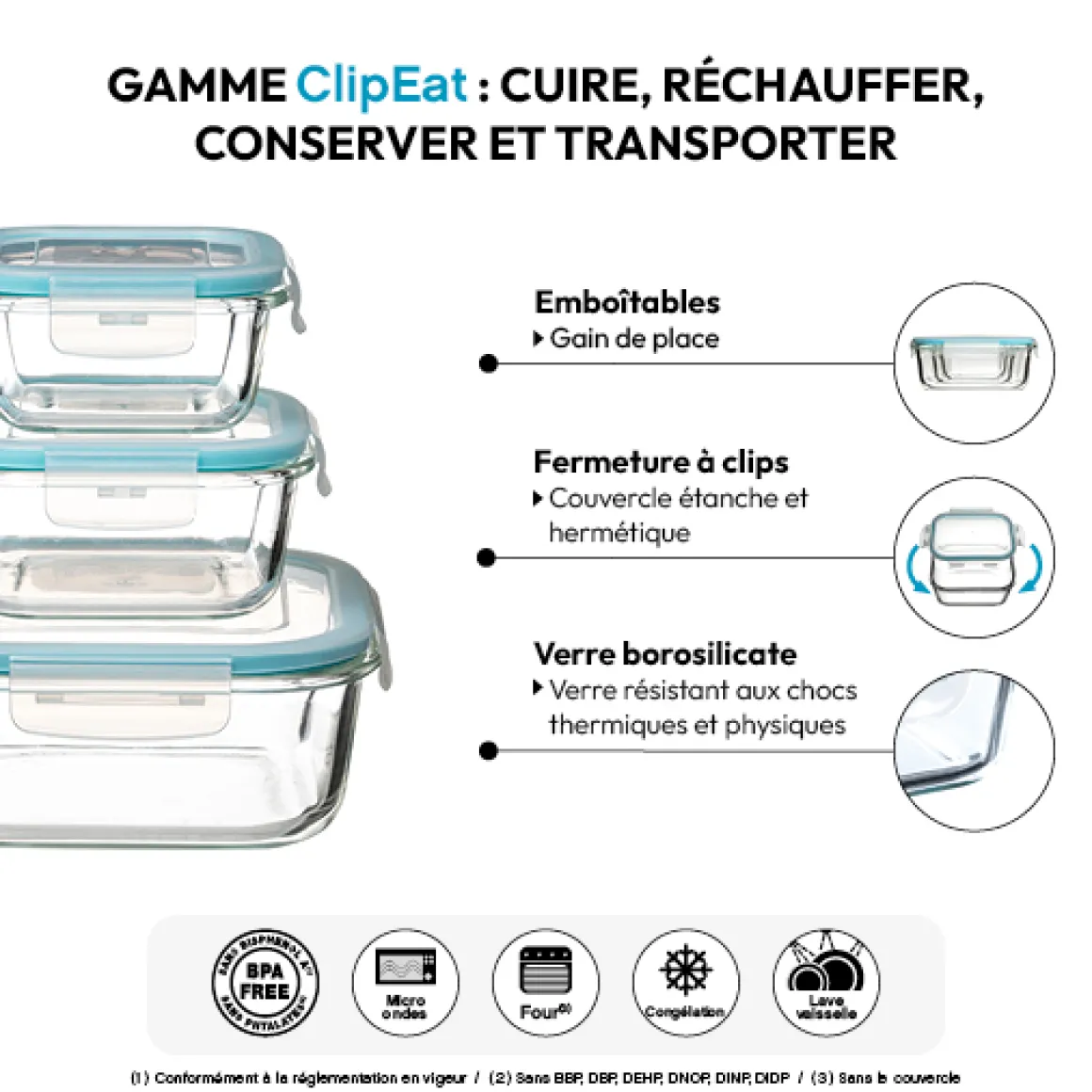 3 petites boîtes carrées de conservation verre