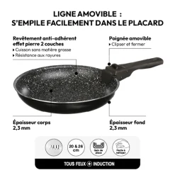 2 poêles Aluminium poignée amovible, 20/26 cm
