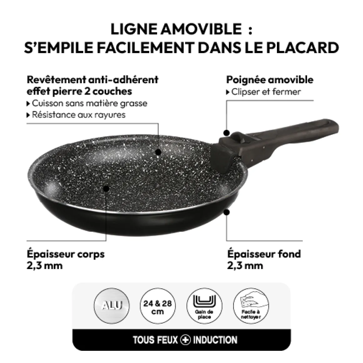 2 poêles Aluminium poignée amovible, 24/28 cm