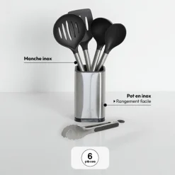 5 ustensiles de cuisine + pot de rangement, Inox