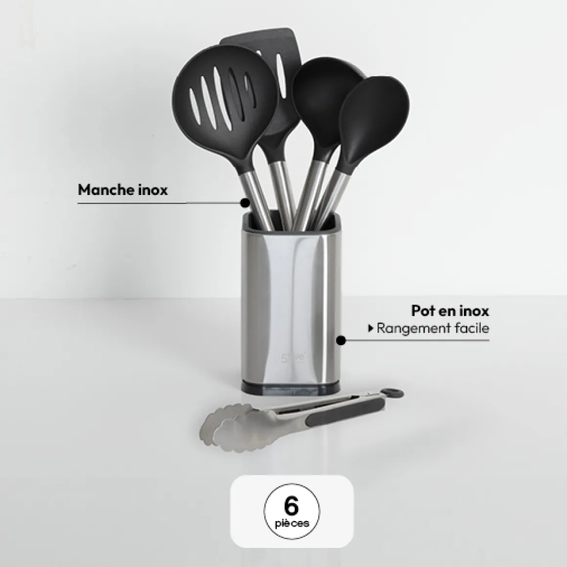 5 ustensiles de cuisine + pot de rangement, Inox