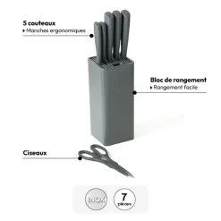 Bloc de 5 couteaux et ciseau, Gris