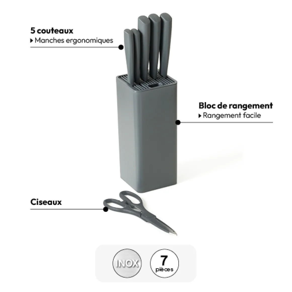 Bloc de 5 couteaux et ciseau, Gris