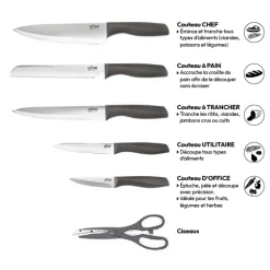 Bloc de 5 couteaux et ciseau, Gris