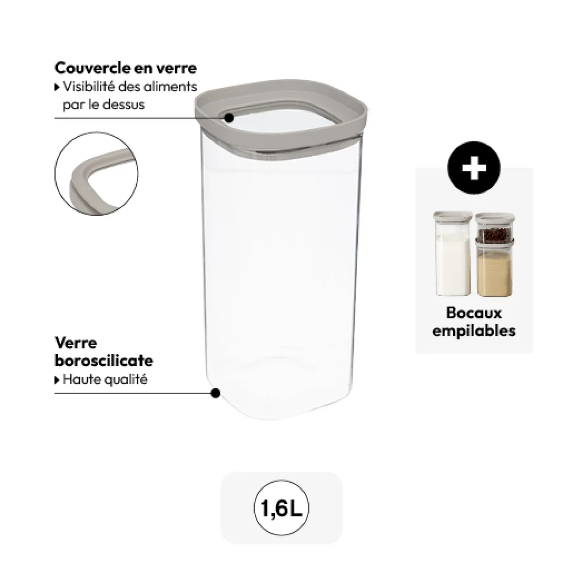 Bocal verre avec couvercle hermétique 1,6L
