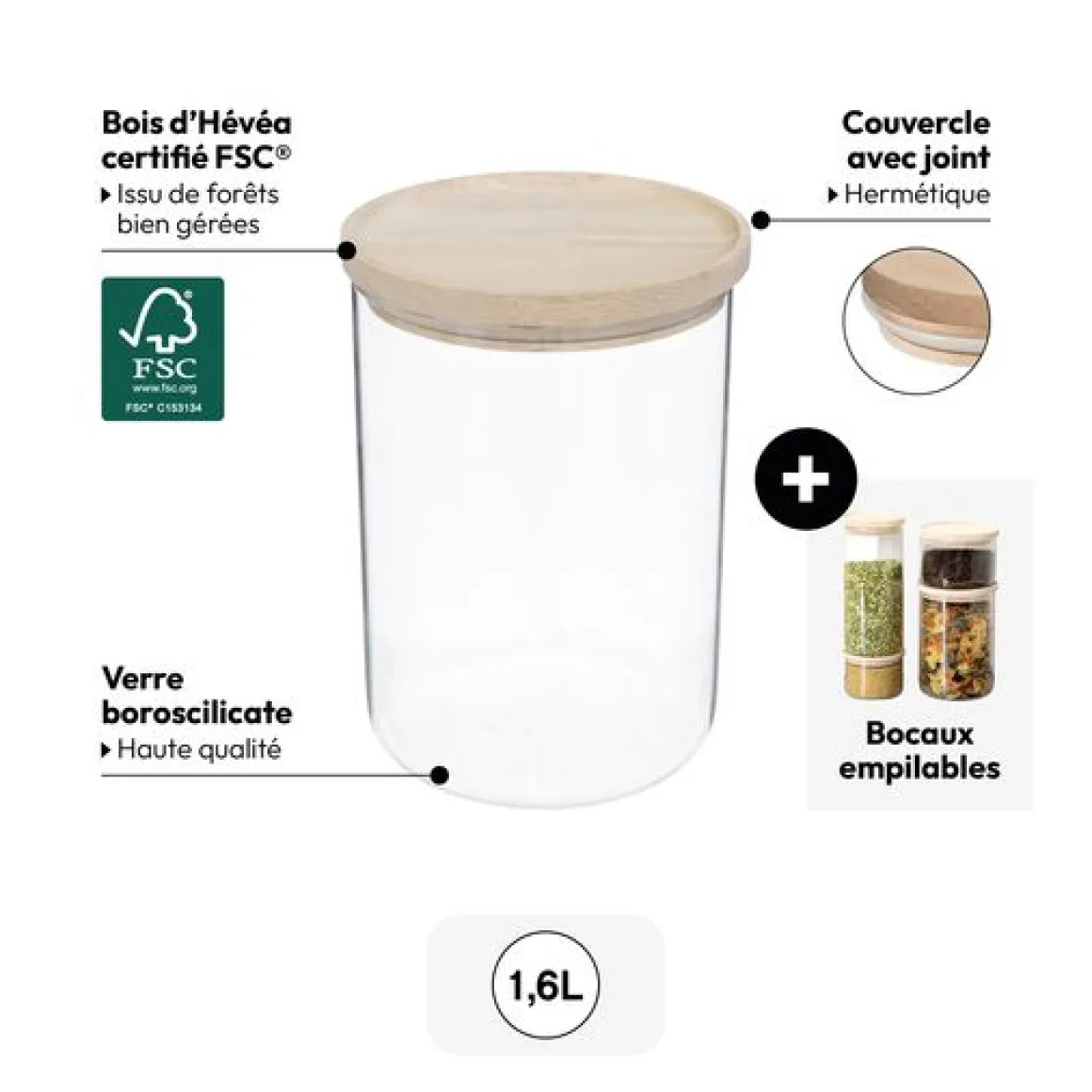 Bocal verre avec couvercle hermétique hévéa, 1,6L