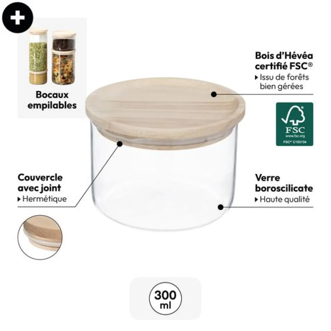 Bocal verre avec couvercle hermétique hévéa, 0,3L