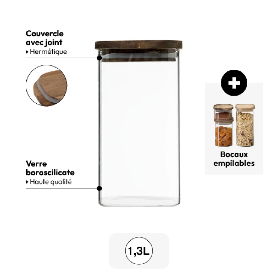Bocal verre couvercle acacia 1,3L