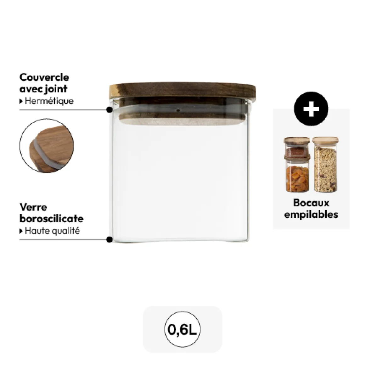 Bocal verre couvercle acacia 0,6L