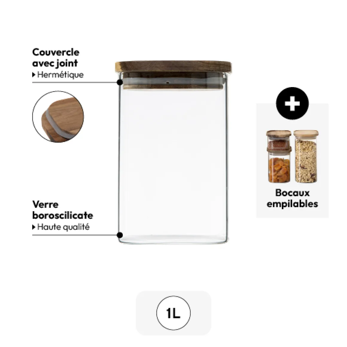 Bocal verre couvercle acacia 1L