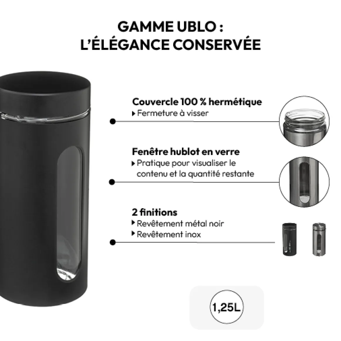 Bocal verre et métal 1,25L, Noir