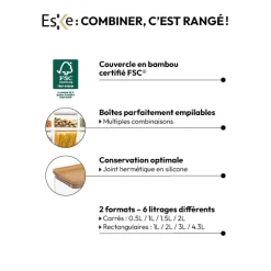 Boîte de conservation carrée couvercle bambou, 1L
