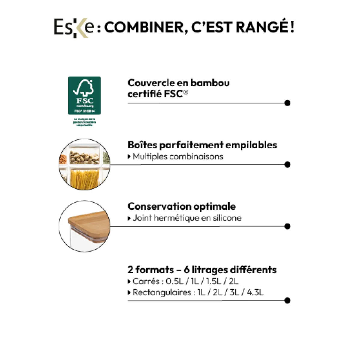 Boîte de conservation carrée couvercle bambou, 1,5L