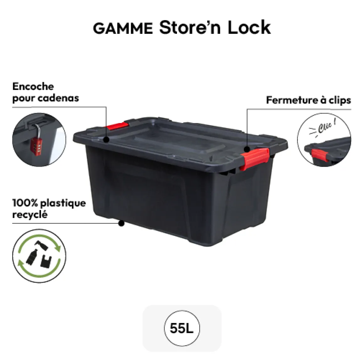 Boîte en plastique 55L, Noir