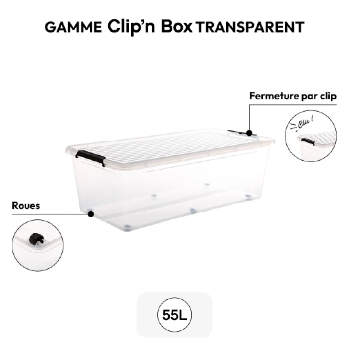 Boîte en plastique transparente 55L