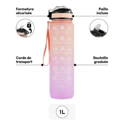 Bouteille avec paille en silicone intégrée - 1L