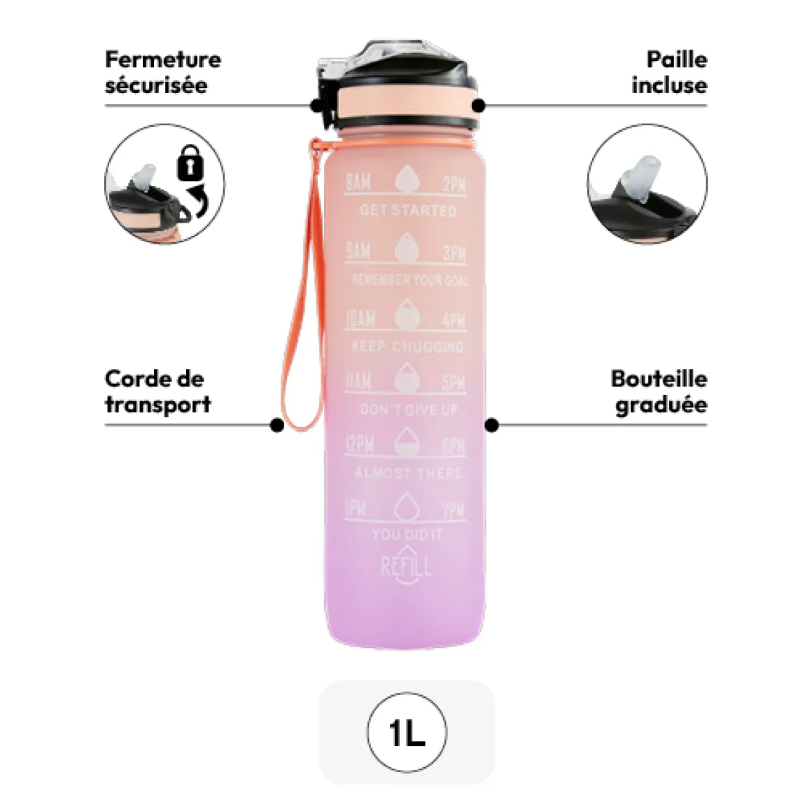 Bouteille avec paille en silicone intégrée - 1L