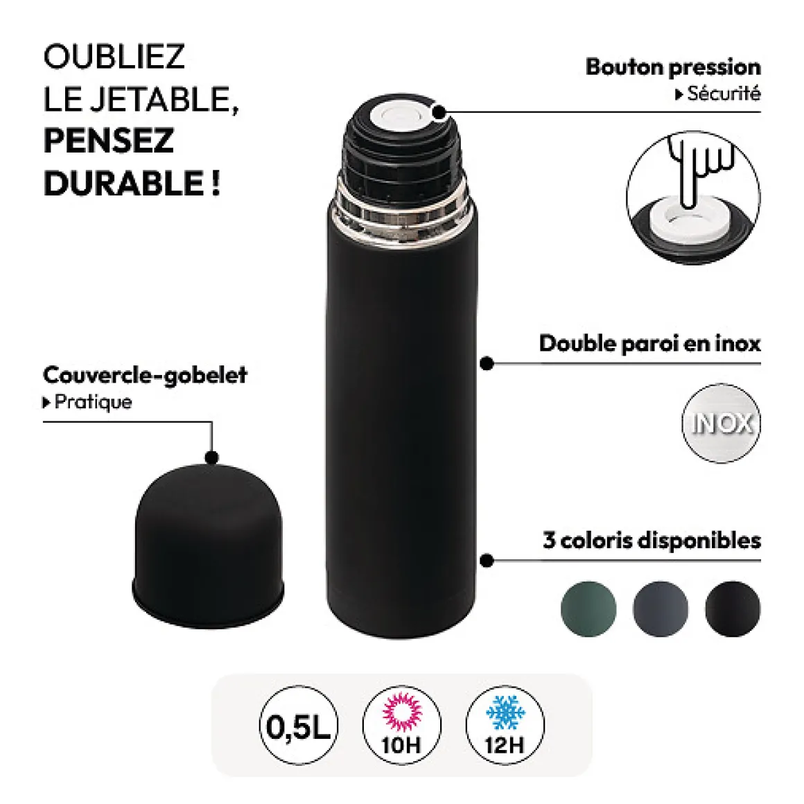 Bouteille isotherme couvercle tasse, 1L
