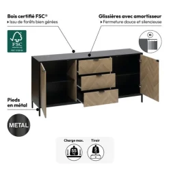 Buffet 2 portes 3 tiroirs, Effet pin naturel