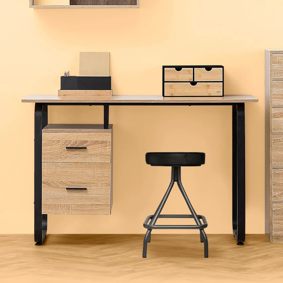 Bureau avec caisson - Effet bois, noir