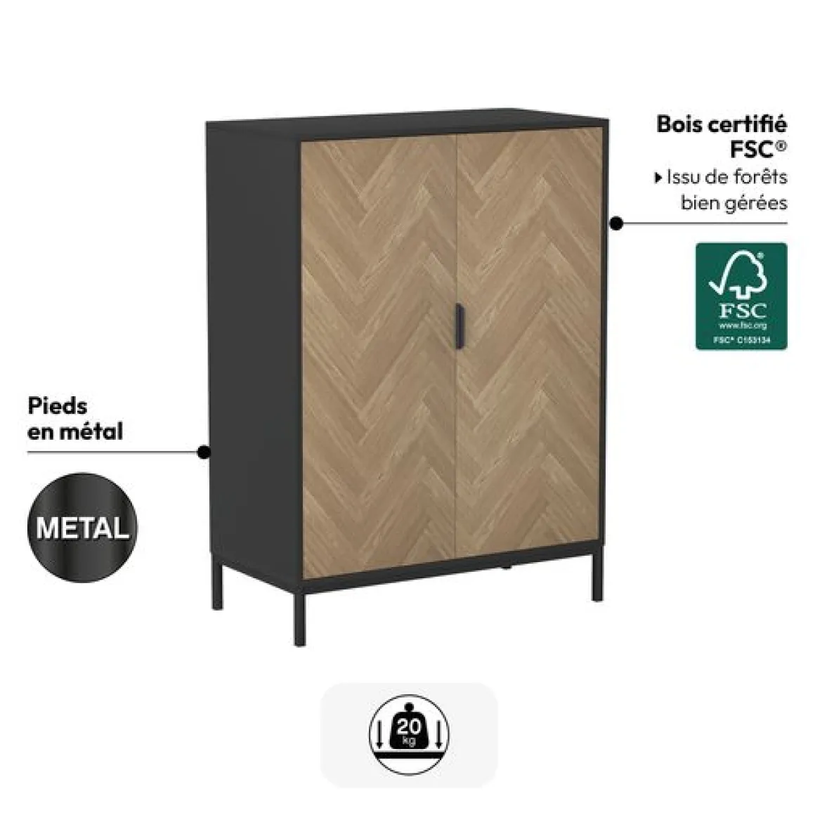 Cabinet 2 portes, Effet pin naturel et noir