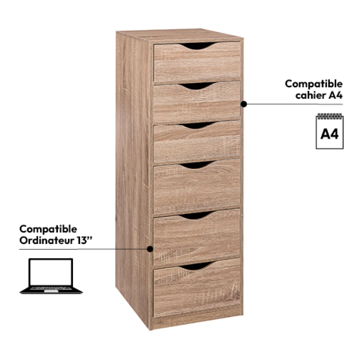 Caisson 6 tiroirs, Effet bois naturel