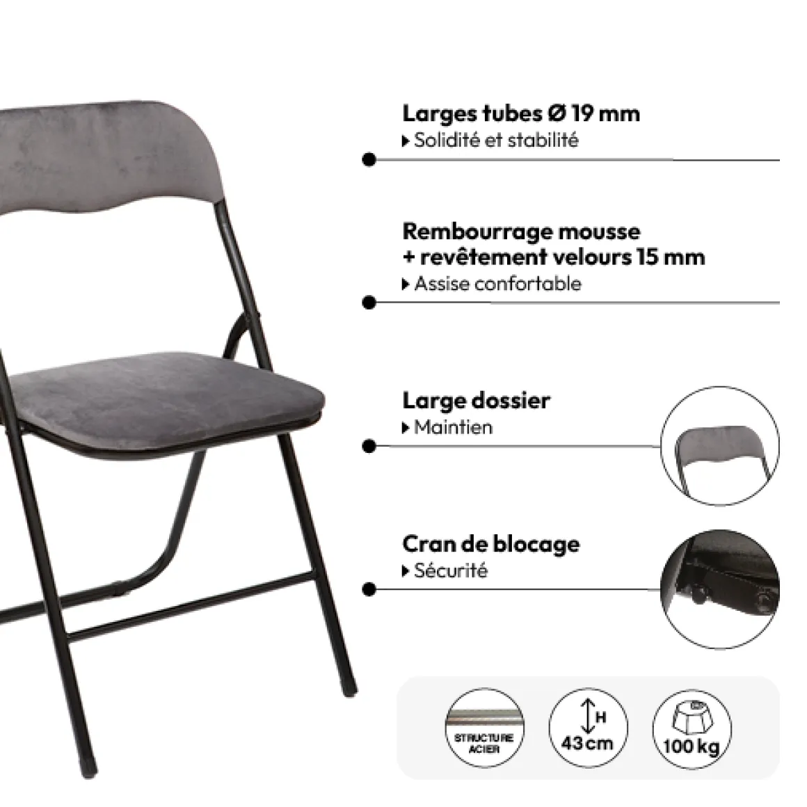 Chaise pliante en velours, Gris anthracite