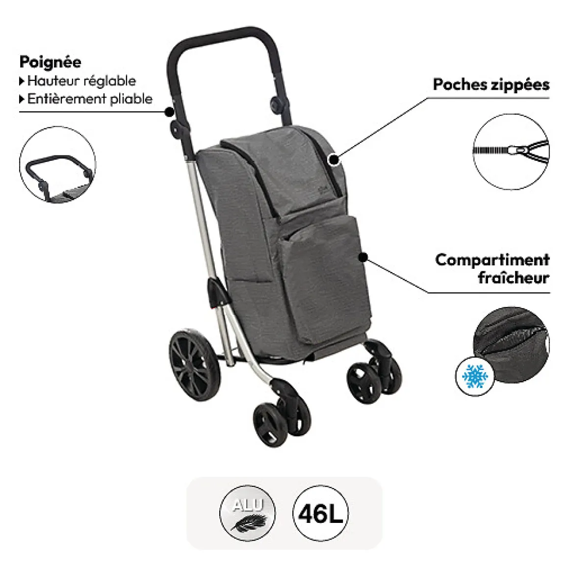 Chariot pliant 4 roues, Gris