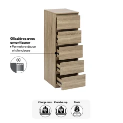 Chiffonier 5 tiroirs, Effet bois naturel