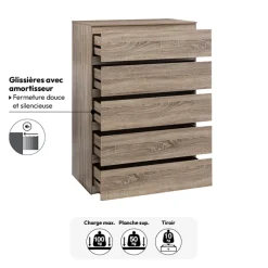 Commode 5 tiroirs, Effet bois naturel