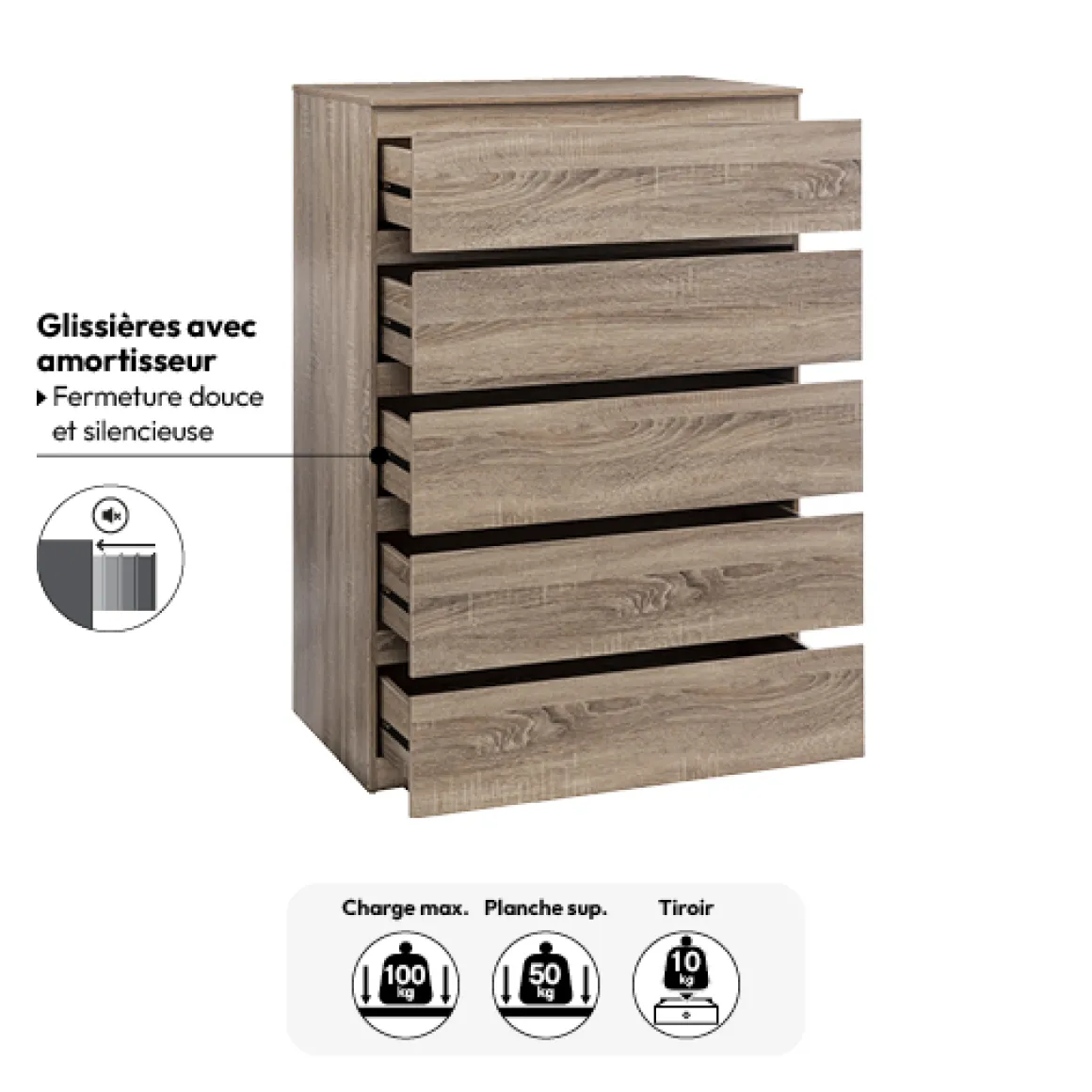 Commode 5 tiroirs, Effet bois naturel