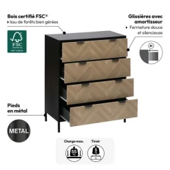 Commode 4 tiroirs, Effet pin naturel et noir