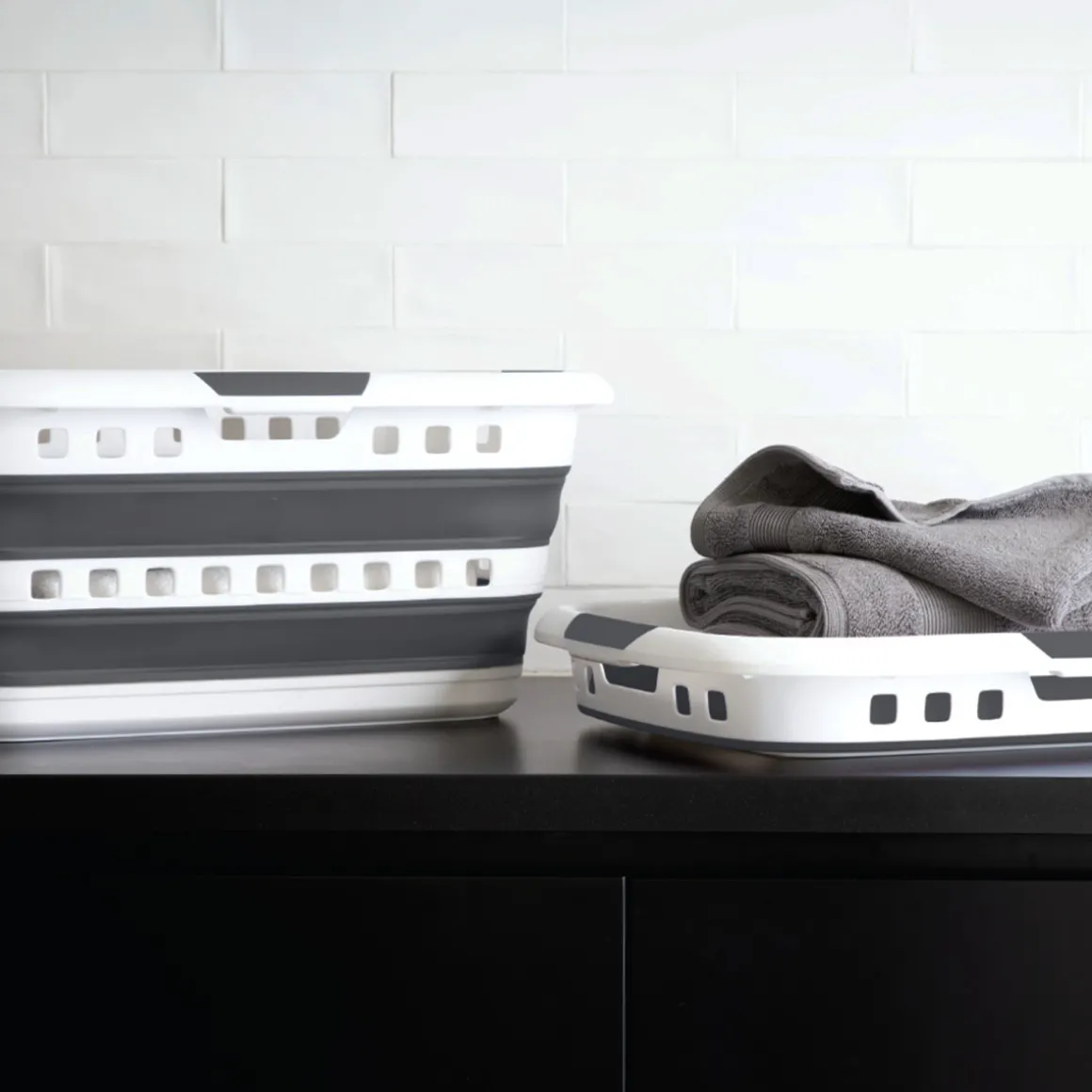 Corbeille à linge pliable 45L - Gris, Blanc