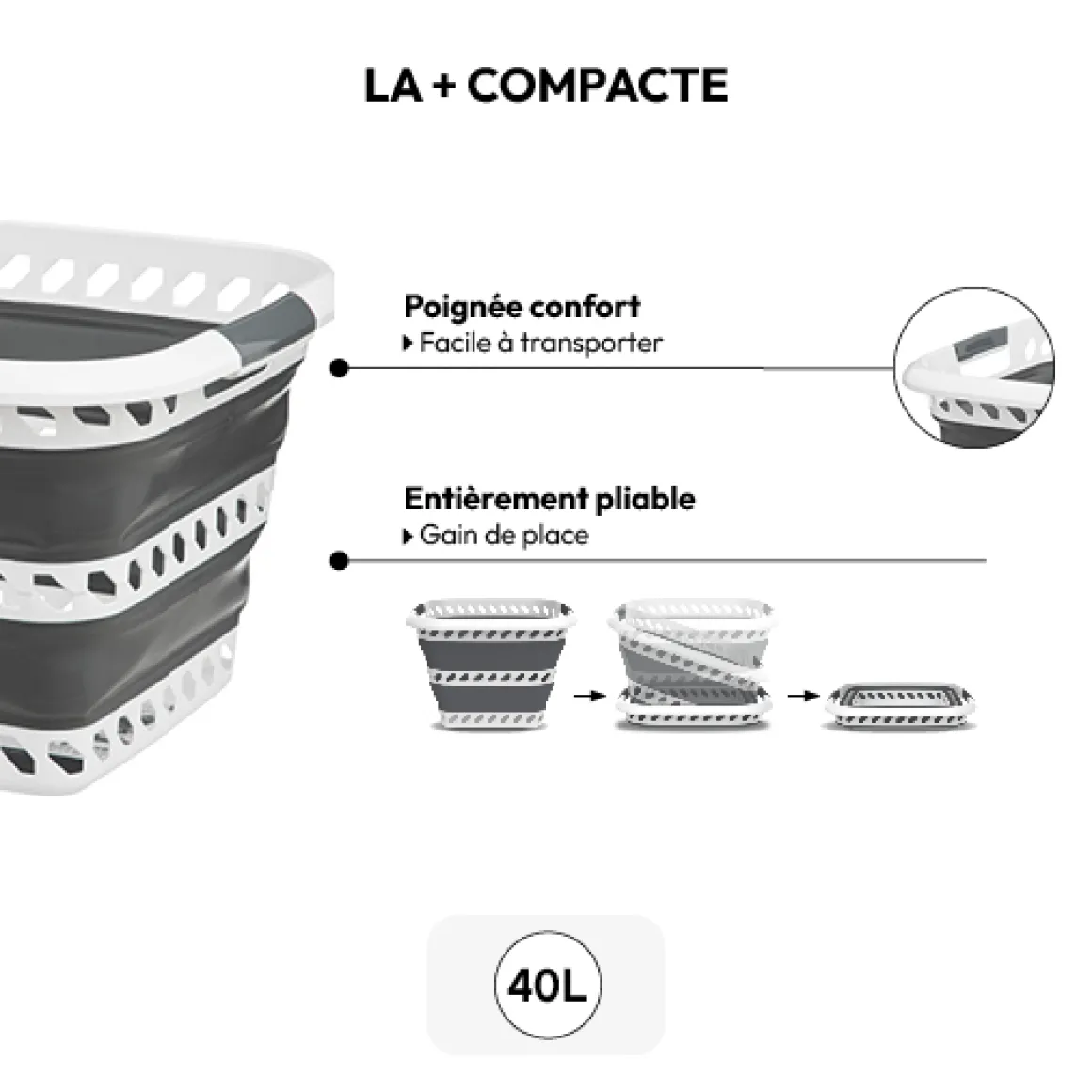 Corbeille à linge pliable 40L - Gris, Blanc