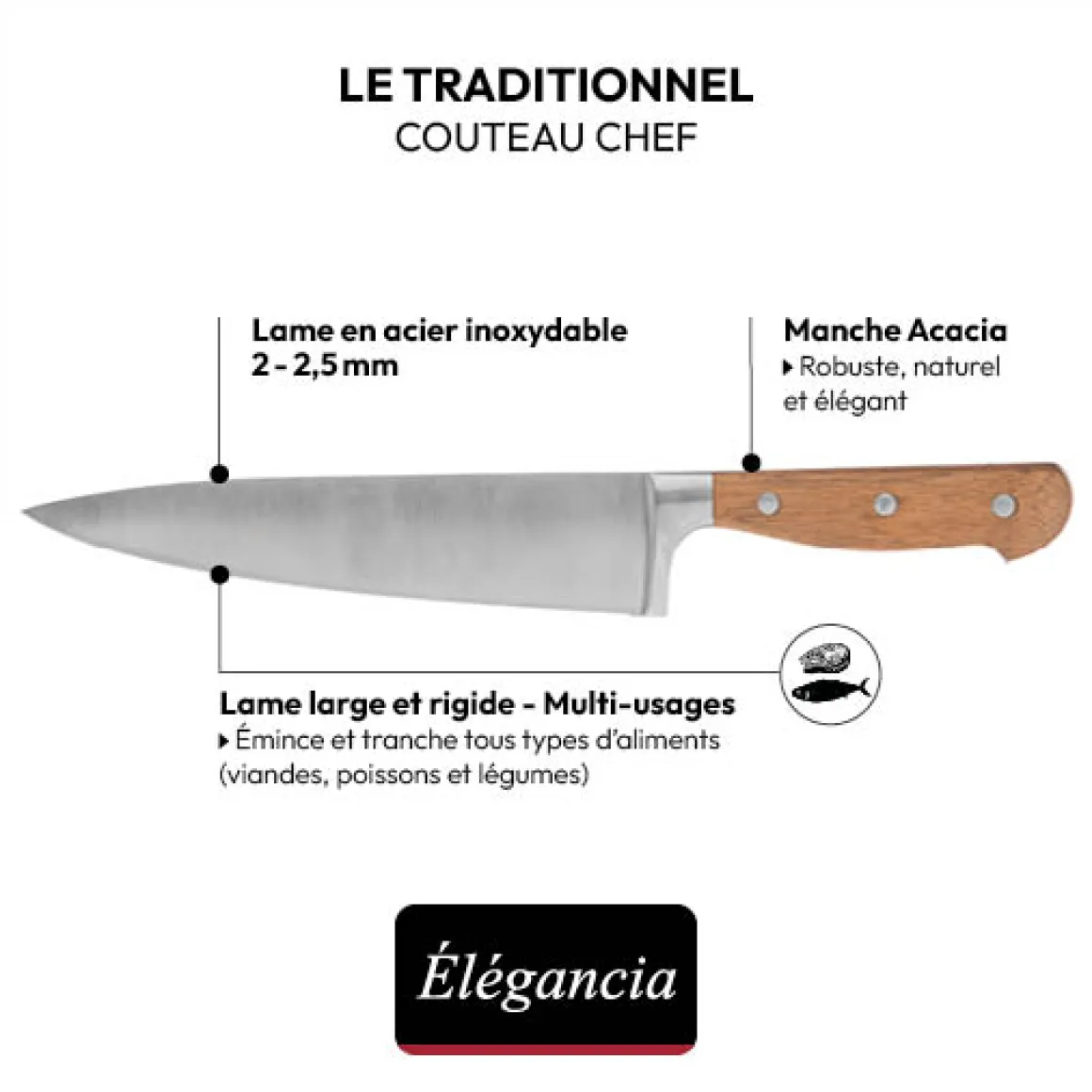 Couteau de chef acier - lame 22 cm