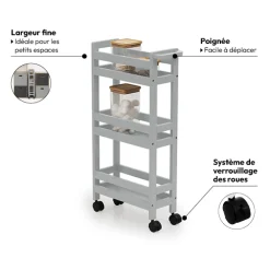 Desserte à roulettes 3 niveaux, Gris béton