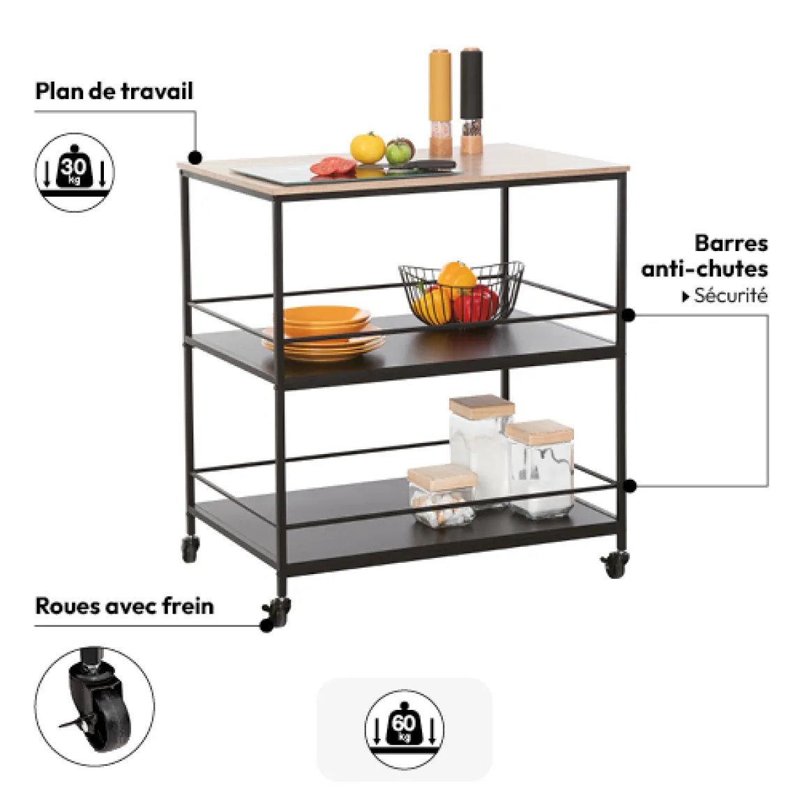Desserte grand modèle 2 niveaux, Noir