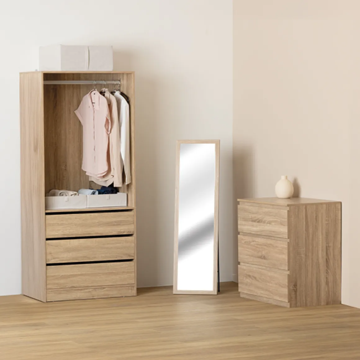 Dressing 3 tiroirs avec penderie, Effet bois