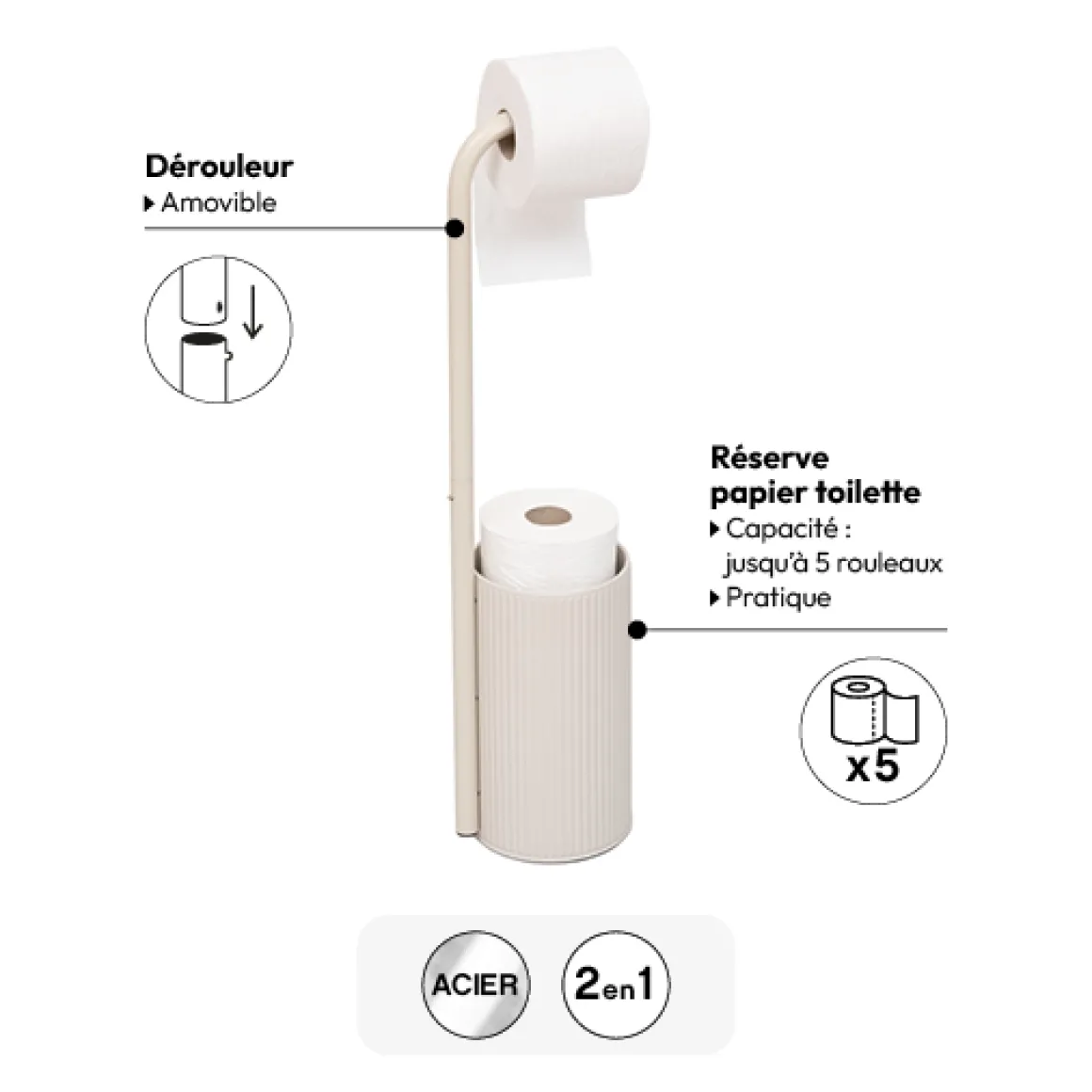 Dérouleur avec réserve papier toilette, Lin