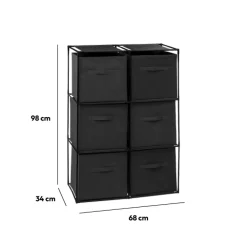 Etagère 6 cases avec 6 boîtes de rangement, Noir
