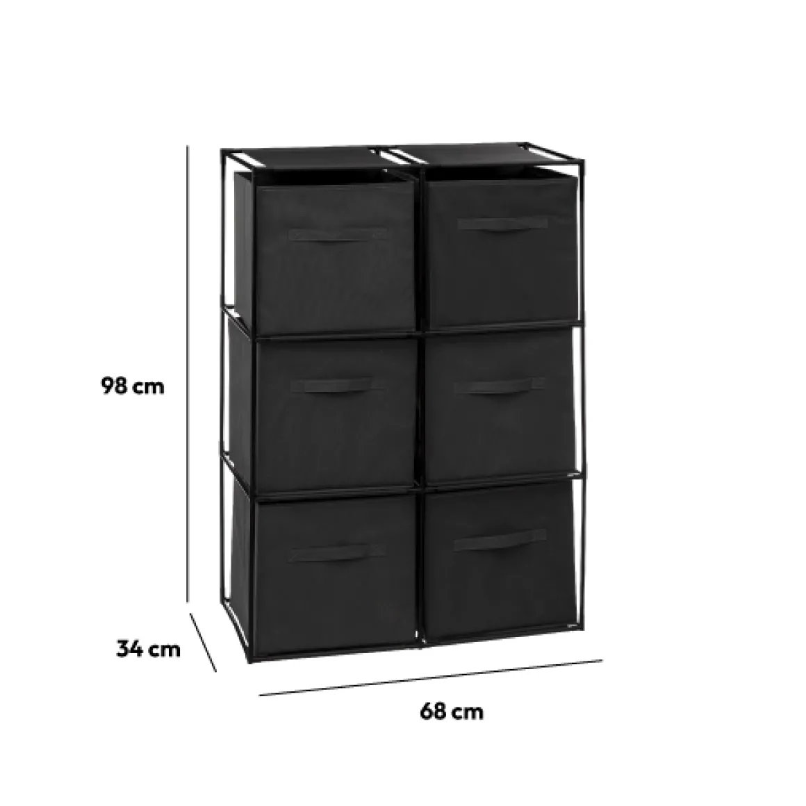 Etagère 6 cases avec 6 boîtes de rangement, Noir