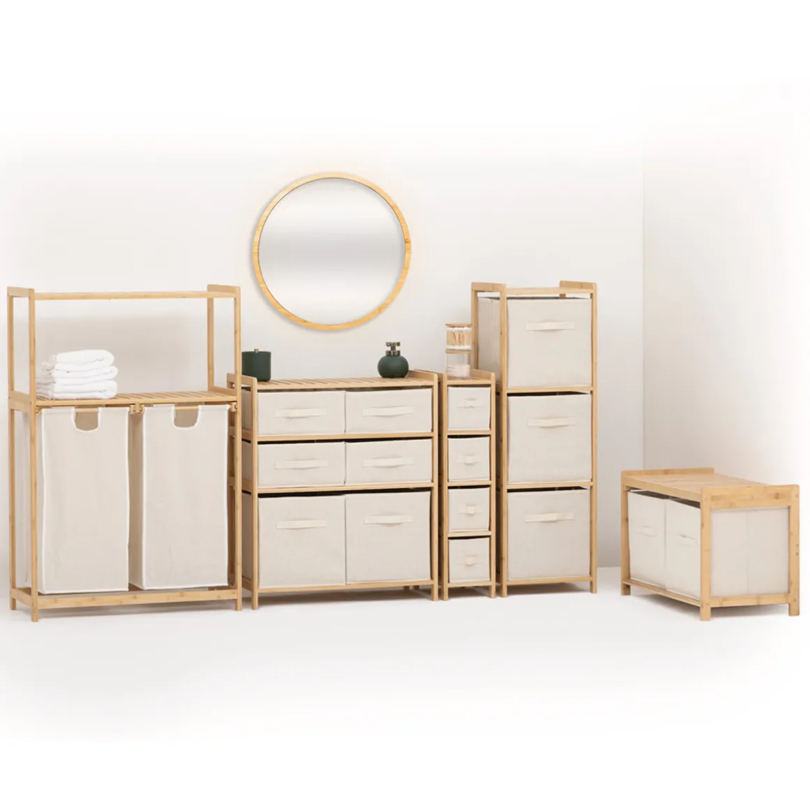 Etagère avec 2 sacs à linge, Bambou